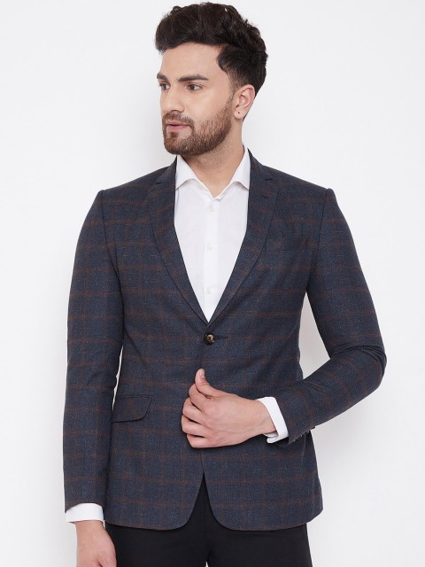 

Spirit Men Navy Blue & Brown Checked Tailored-Fit Single-Breasted Formal Blazer
