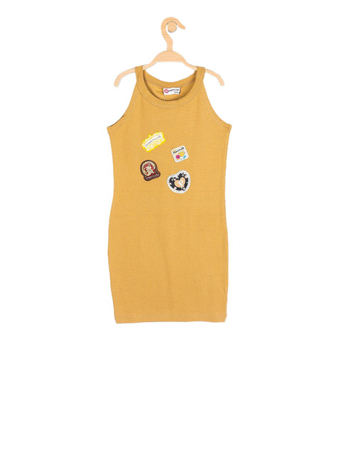 

Peppermint Girls Mustard Yellow Solid T-shirt Dress with Applique Details