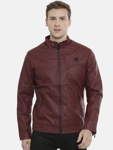 

SHOWOFF Men Maroon Solid Water Resistant Leather Jacket