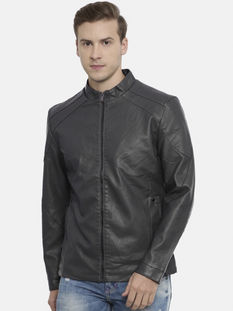 

SHOWOFF Men Grey Solid Water Resistant Leather Jacket