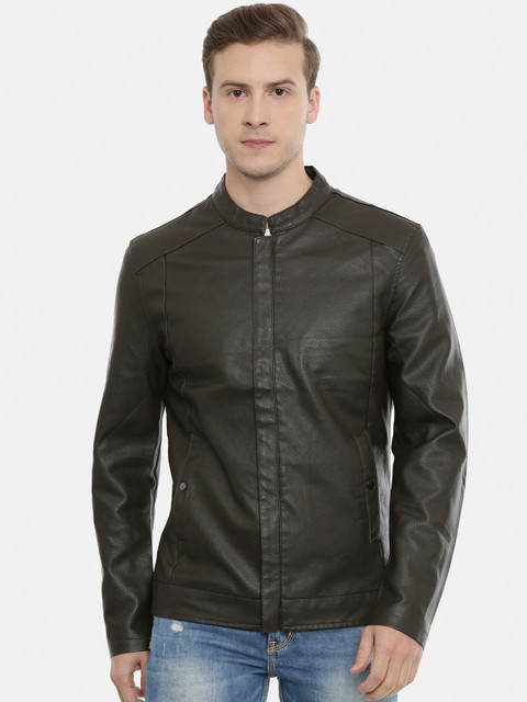 

SHOWOFF Men Olive Green Solid Water Resistant Leather Jacket