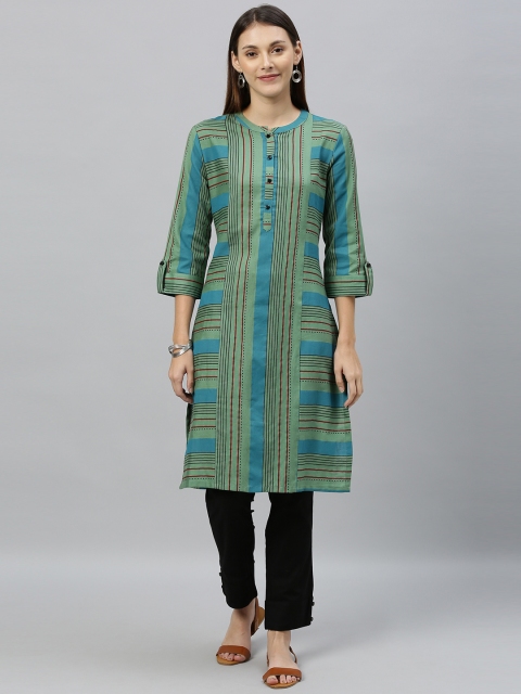 

Anouk Women Green & Black Striped Kurta with Trousers