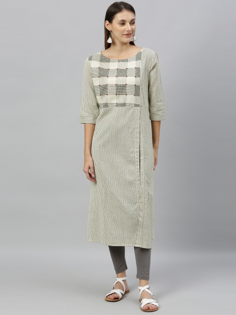 

Anouk Women Off-White & Black Striped & Checked Straight Kurta
