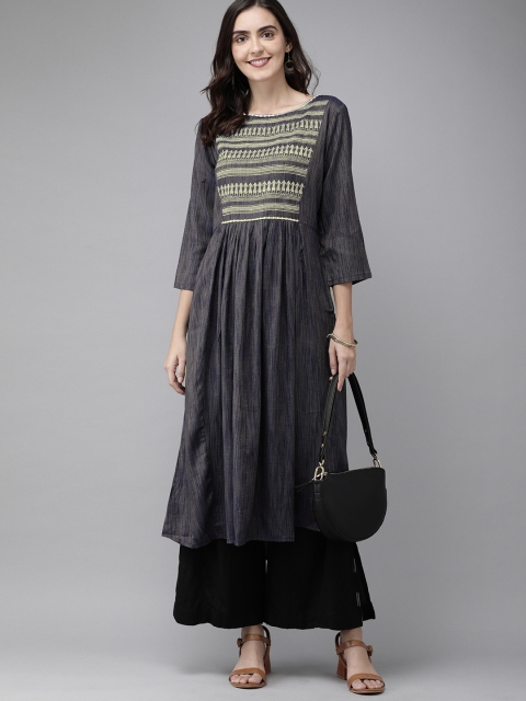 

Anouk Women Navy Blue & Beige Yoke Design Gathered A-Line Kurta