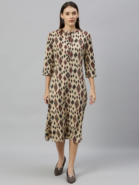 

Anouk Women Beige & Green Printed A-Line Fusion Kurta