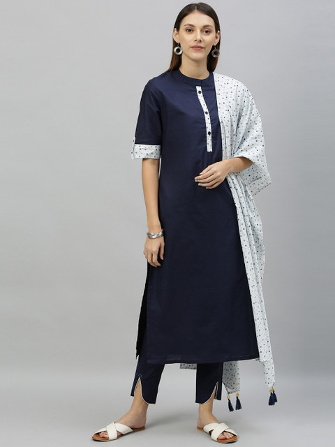 

Anouk Women Navy Blue & White Solid Kurta with Trousers & Dupatta