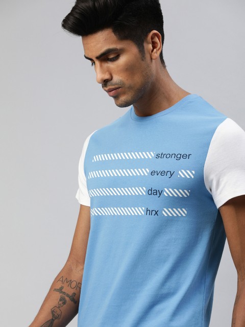 

HRX by Hrithik Roshan Men Blue and White Colorblocked Bio-Wash Lifestyle T-shirt