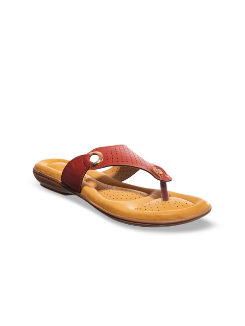 

Khadims Women Red Textured T-Strap Flats with Laser Cuts