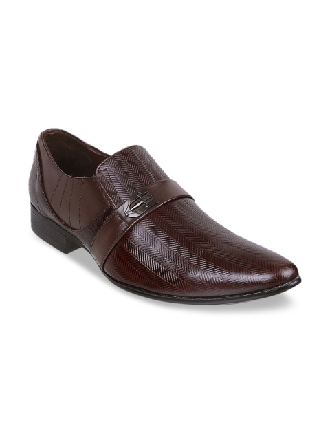 

Metro Men Brown Textured Leather Formal Slip-Ons