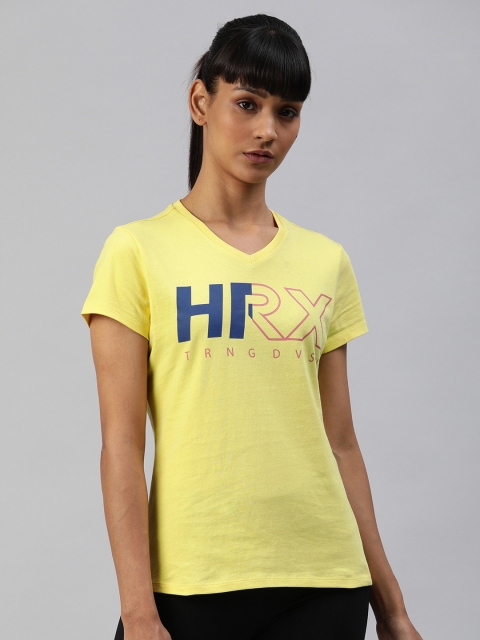 

HRX by Hrithik Roshan Women Yellow Printed V-Neck Bio-Wash Running T-shirt