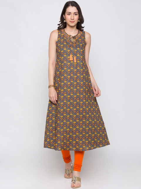 

Globus Women Navy Blue & Mustard Yellow Floral Printed A-Line Kurta
