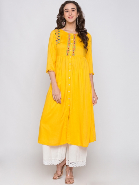 

Globus Women Yellow Embroidered A-Line Kurta