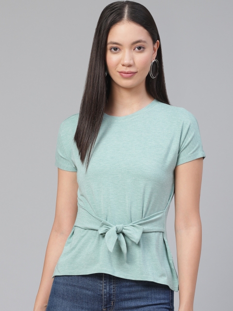

VividArtsy Women Sea Green Solid Cinched Waist Top