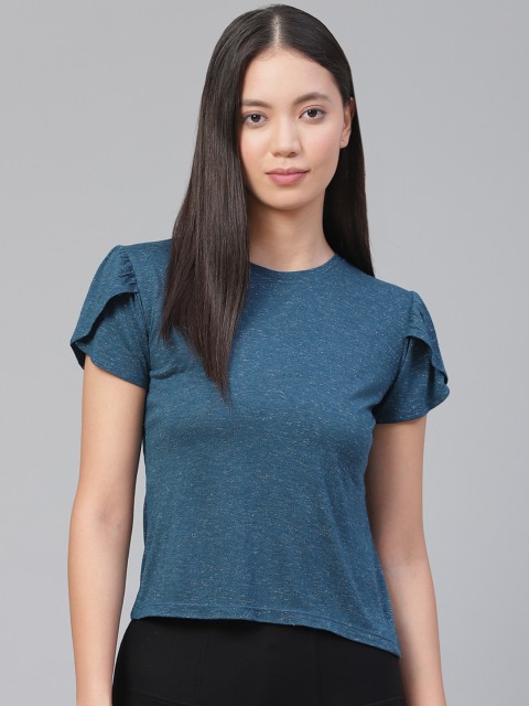 

VividArtsy Women Teal Blue Self Design Tulip Sleeves Top