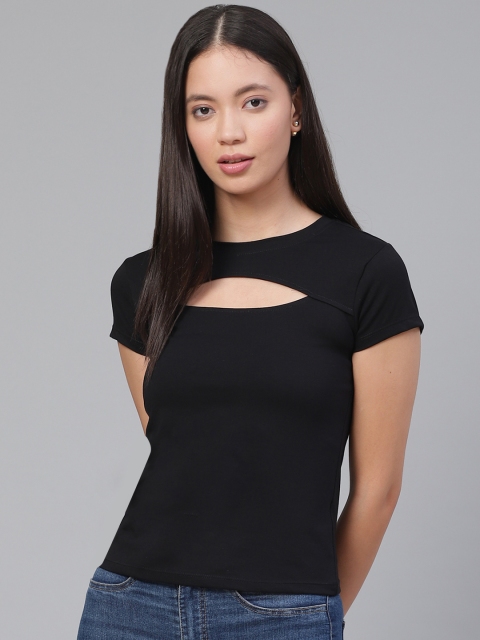 

VividArtsy Women Black Solid Cut-Out Detail Pure Cotton Top