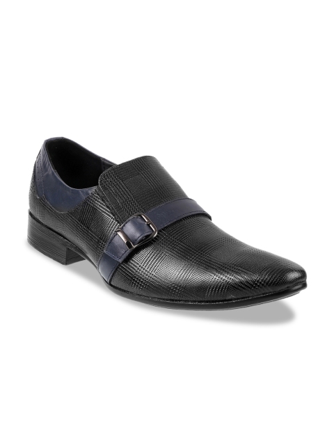 

Metro Men Blue Textured Leather Formal Slip-Ons, Black