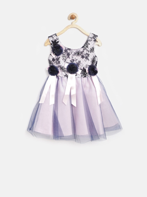 

Tiny Girl Navy & Pink Embroidered Net Fit & Flare Dress, Navy blue