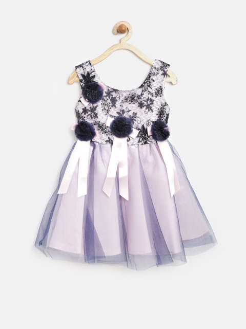 

Tiny Girl Navy & Pink Embroidered Net Fit & Flare Dress, Navy blue