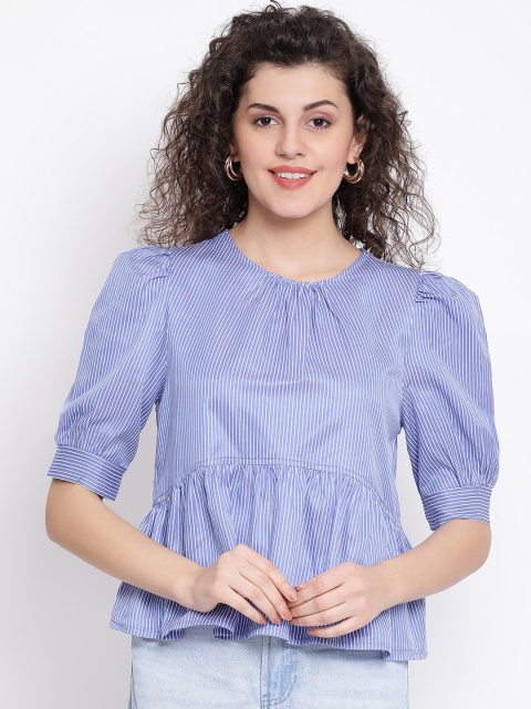 

Oxolloxo Women Blue Striped Peplum Pure Cotton Top