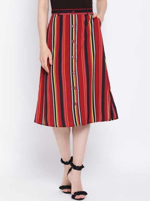 

Oxolloxo Women Red & Yellow Striped A-Line Midi Skirt