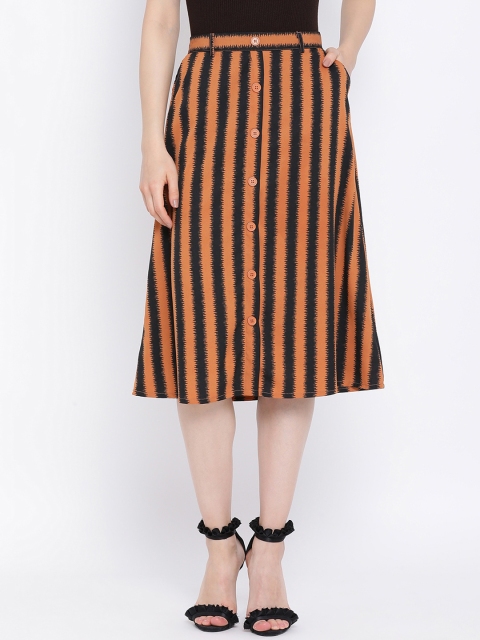 

Oxolloxo Women Brown & Black Striped A-Line Midi Crepe Skirt