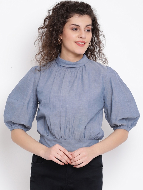 

Oxolloxo Women Blue Solid Blouson Crop Top