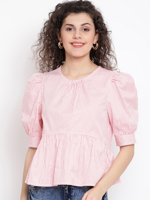 

Oxolloxo Women Pink & White Striped Cinched Waist Top