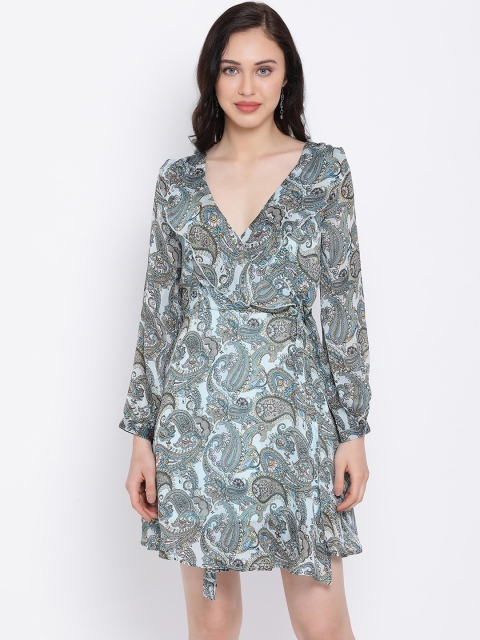 

Oxolloxo Women Blue & Black Printed Wrap Dress