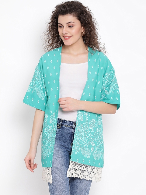 

Oxolloxo Women Sea Green & White Printed Open Front Shrug