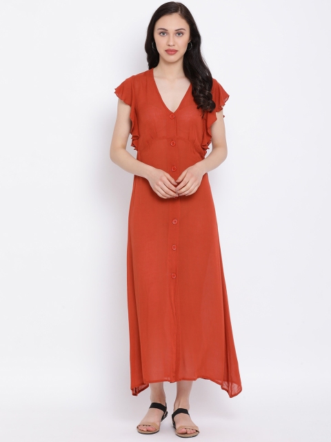 

Oxolloxo Women Rust Orange Solid Fit and Flare Dress