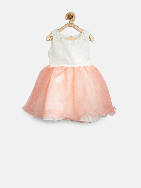 

Tiny Girl White & Orange Beaded Neck Net Fit & Flare Dress