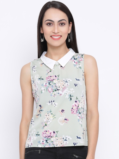 

Oxolloxo Women Sea Green & White Printed Shirt Style Top
