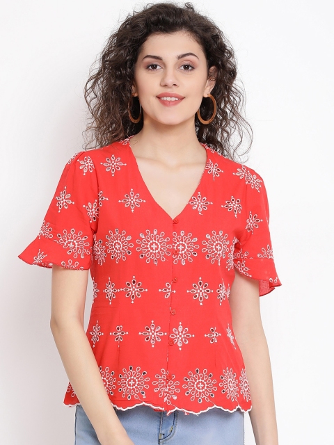 

Oxolloxo Women Coral Red & White Embroidered Shirt Style Pure Cotton Top