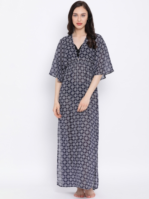 

Oxolloxo Women Beachwear Navy Blue & White Printed Cover-Up Dress