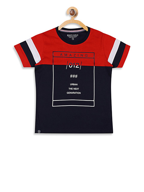 

Monte Carlo Boys Red & Navy Blue Printed Round Neck T-shirt