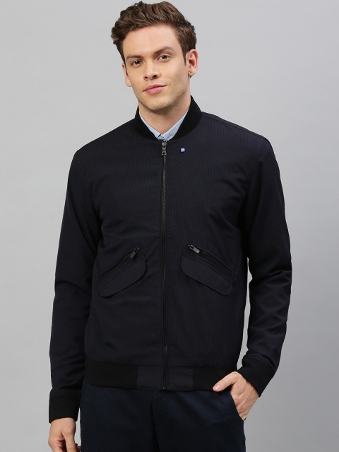 

RARE RABBIT Men Navy Blue Striped Insulator Bomber Jacket