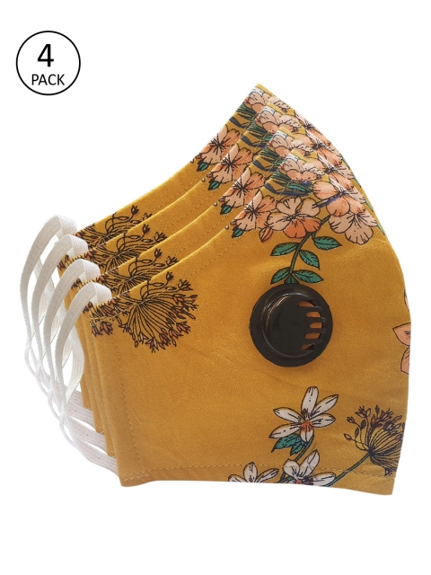 

Jainish Adults Pack of 4 Yellow Floral Print 2-Layers Reusable Outdoor Masks with Valve