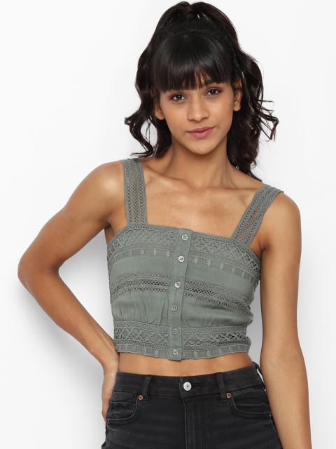 

AMERICAN EAGLE OUTFITTERS Women Green Self Design Crop Top