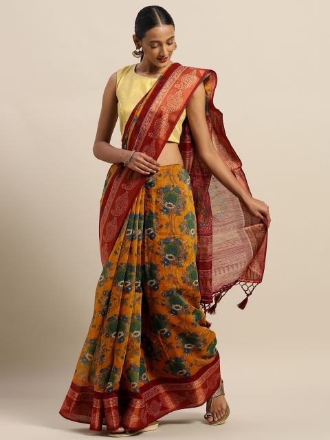 

Rajnandini Mustard Yellow & Maroon Silk Cotton Printed Saree