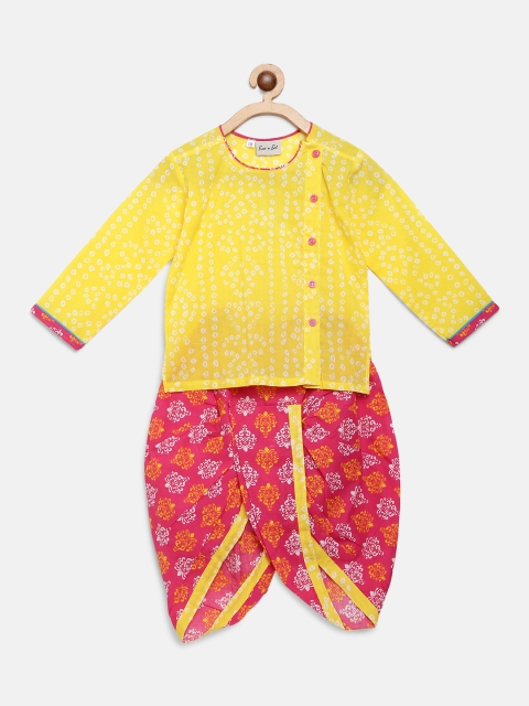 

BownBee Boys Yellow & Pink Bandhani Print Kurta with Ethnic Print Dhoti Pants