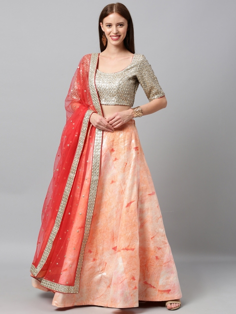 

panchhi Peach-Coloured & Beige Embellished Semi-Stitched Lehenga & Unstitched Blouse with Dupatta