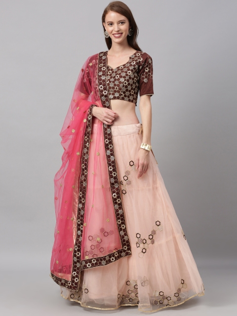 

panchhi Peach-Coloured & Pink Embroidered Semi-Stitched Lehenga & Unstitched Blouse with Dupatta
