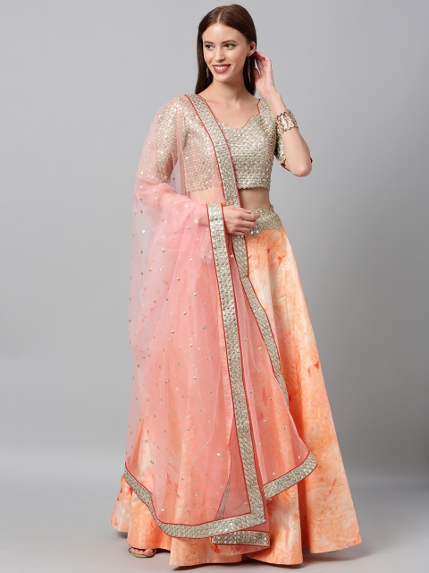 

panchhi Peach-Coloured & Beige Embellished Semi-Stitched Lehenga & Unstitched Blouse with Dupatta