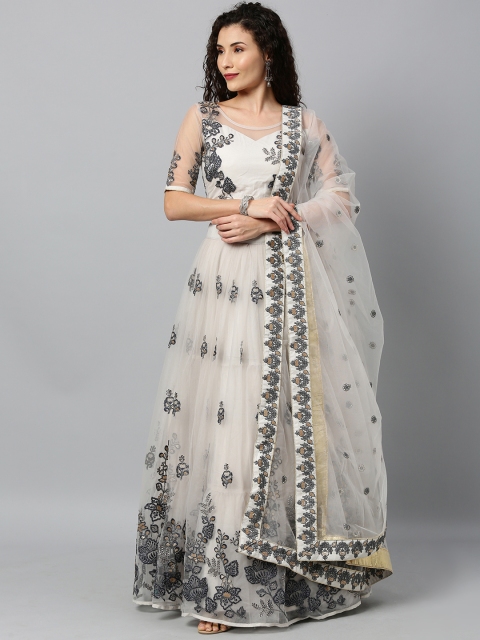 

panchhi Off-White & Navy Blue Embroidered Semi-Stitched Lehenga & Unstitched Blouse with Dupatta