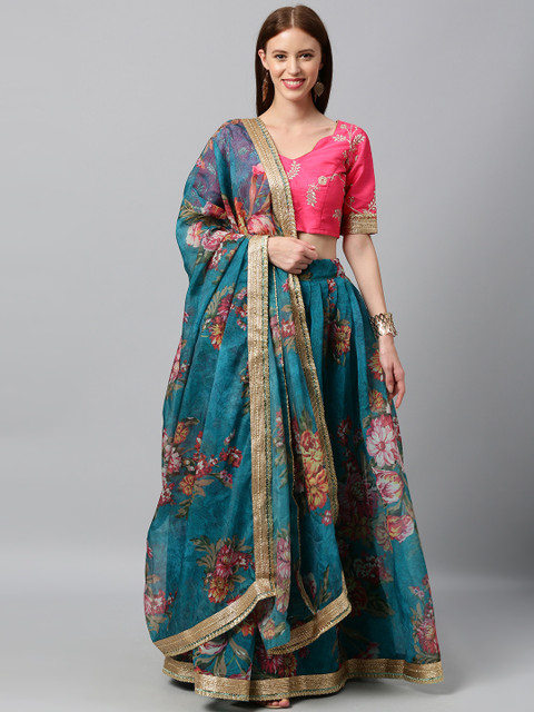 

panchhi Blue & Pink Embroidered Semi-Stitched Lehenga & Unstitched Blouse with Dupatta, Teal