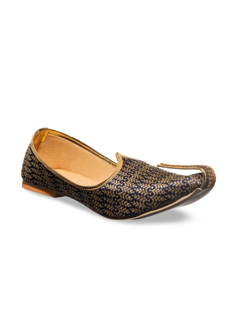 

Khadims Men Navy Blue & Gold-Toned Woven Design Mojaris