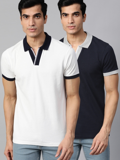 

Roadster Men Pack of 2 White & Navy Blue Solid Polo T-Shirts With Contrast Collars