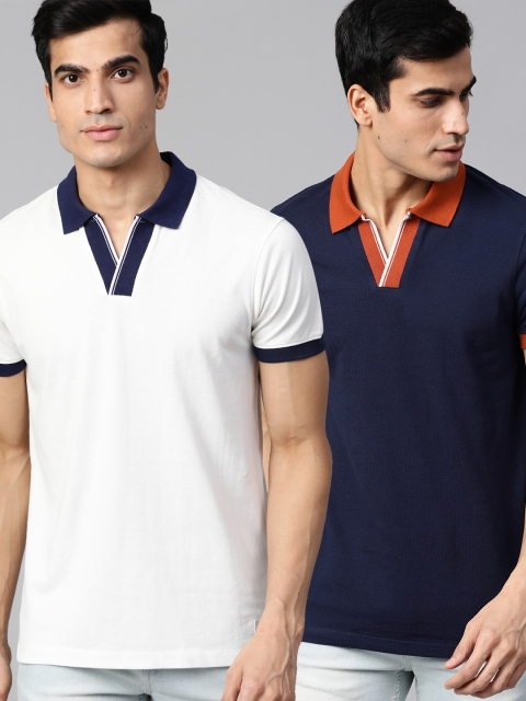 

Roadster Men Pack of 2 Solid Polo Collar Pure Cotton T-shirts, Navy blue