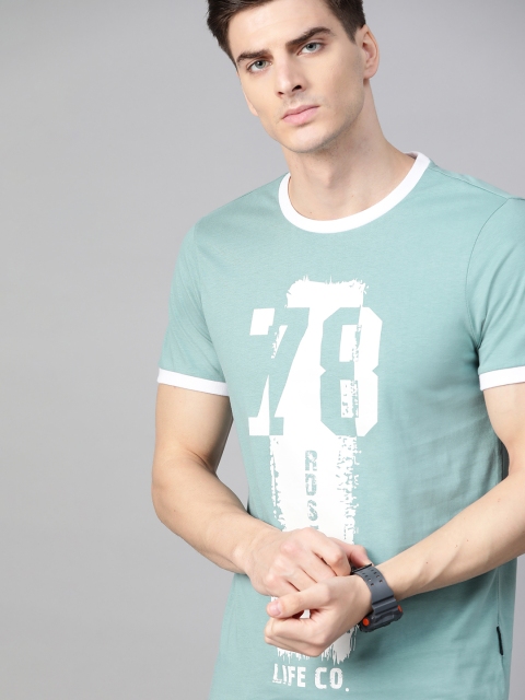 Men Blue White Printed Round Neck Pure Cotton T-shirt