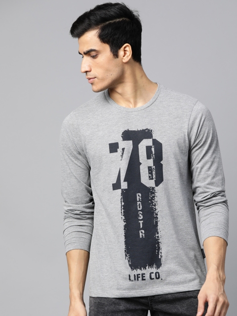 

Roadster Men Grey Melange & Black Printed Round Neck T-shirt